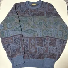 90s風 総柄ニット セーター ヴィンテージ風 ブルー系 古着