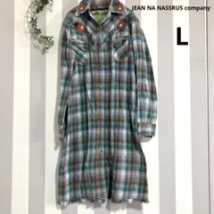 長袖シャツワンピース【L】ブラウン×グリーン　チェック柄　花の刺繍　大人ワンピ