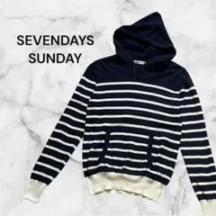 セブンデイズサンデイ ニットパーカー ボーダー コットン ネイビー 白 M
