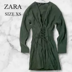 ✨新品タグ付き✨ザラ　レースアップワンピース　長袖　ミニ丈　ダークグリーン　XS