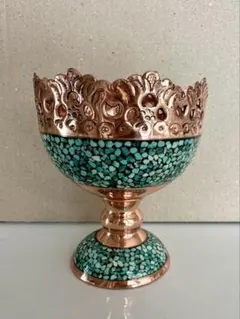 新品 ペルシャ工芸 フィルーゼ細工 銅製 ターコイズ 花瓶 フラワー