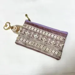＊インド刺繍　薄紫系ファスナーポーチ　No.11＊