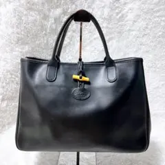 【美品】LONGCHAMP ロンシャン 黒 レザー トート ハンドバッグ A4