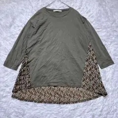 【ルカ】アシンメトリー柄デザイン長袖Tシャツ カーキ ゆったりシルエット