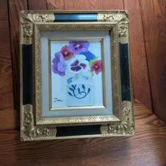 パンジー 油彩 油絵 絵画 額装 額縁 サイン有 花の絵 静止画 花