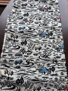 アンティーク名古屋帯☆大正ロマン☆淡いベージュベースに里山の風景のデザイン