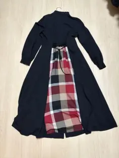 ネイビー 長袖 シャツワンピース チェック柄