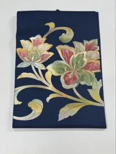 K【新品未使用】名古屋帯 薄い水色 花柄刺繍 リサイクル名古屋帯 未使用品 紺 綿 八寸名古屋帯 洋花 縞 全通