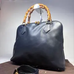 美品　GUCCI オールドグッチバンブー2way ハンドバッグ　ラージ　ネイビー