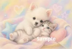 仲良し子犬と子猫 パステル調デジタルアート イラスト