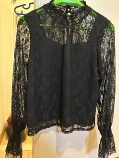 MIIA黒 レース 長袖ブラウス バックボタン付き