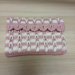 ハンドメイド かぎ針編み ポーチ ピンク×アイボリー
