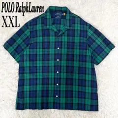 【美品 大寸】ポロラルフローレン シアサッカー 開襟シャツ ブラックウォッチ