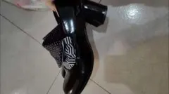 エナメル調 パンプス ドット柄 ストライプ柄 ブラック