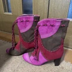 新品　スエード ピンク ブラウン ブーツ　ウエスタン　個性　ツギハギ