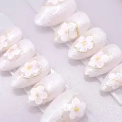 【949】ネイルチップMサイズ 白ピンクホワイト ニュアンス ゴールドミラー花柄