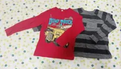 ダンプトラックプリント赤ロングTシャツとストライプロングTシャツセット
