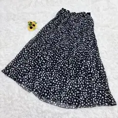 【ロングフレアスカート】ドット柄　水玉　ウエストゴム　シースルー　ブラック　Ｍ