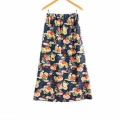 ヴィンテージ 日本製 花柄 和柄 ロングスカート 紺 レトロ 古着