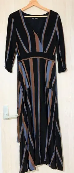 ZARA ストライプ 七分袖　ロングワンピース Lサイズ
