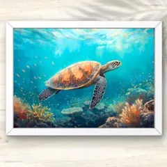 ウミウシ ホヤ 珊瑚 海 風景 原画 アート 絵画 画家 ハンドメイド A4 光差し込む海中を泳ぐウミガメと珊瑚の楽園アート インテリア