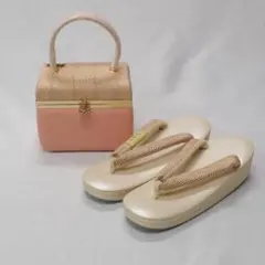 五嶋紐草履バッグ セット ピンク ベージュ　お値打ち　かわいい 485のサムネイル
