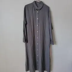 無印　麻　長袖ロングシャツワンピース XL　カーキ　大きいサイズ