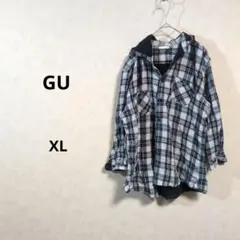 GU　フランネルチェックシャツ フード付き　七分袖　XL N449