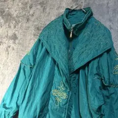 【刺繍デザイン ナイロンジャケット】緑 S〜M 花柄 ビックカラー ブルゾン