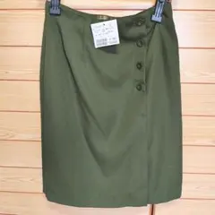 オリーブ色ラップスカート風タイトスカート　カーキ　膝丈ひざ丈　L