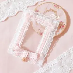 B8サイズ　トレカケースデコ　硬質ケース　硬化ケース　レースデコ　ピンクチェック