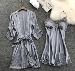 グレー サテン ネグリジェとローブセット S