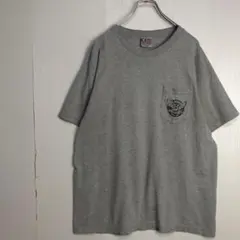 3143古着USA製90sヘンリーネックTシャツ好デザインシングルステッチ墨 