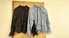 【2色セット】ZARA Mサイズフリル長袖ブラウス 水色・ブラック