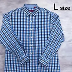 USA古着　ボタンダウンシャツ　L　ブルー　青　水色　チェック柄　長袖　IZOD