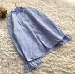 GU ジーユー ストライプ フリルネックブラウス 長袖 ブルー 白 春夏のサムネイル