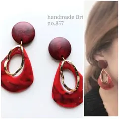no.857 ボルドーウッド×レッドブラックマーブル×ゴールド　ピアスイヤリング