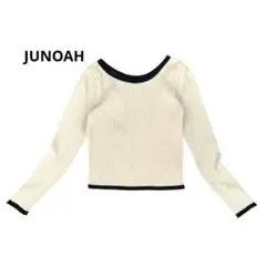 【美品】JUNOAH バイカラー リブニット トップス 肩ギャザー アイボリー