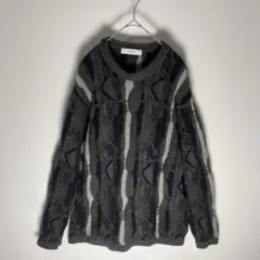 総柄 3D ニット セーター 幾何学模様 立体編み 太アーム 黒 × グレー L