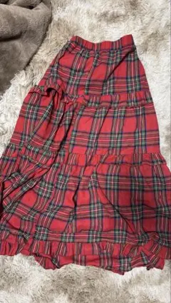 90s 00s 古着 ロングスカート 赤いチェック柄フレアスカート フリル
