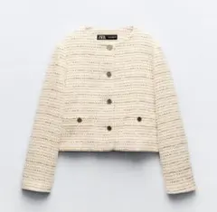 美品 ZARA ザラ　ノーカラー　ツイードジャケット　クロップド丈　金ボタン