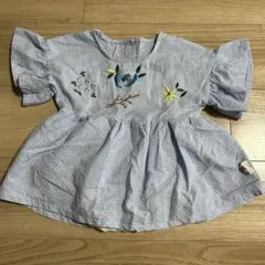 海外子供服　水色チェック刺繍ワンピース　70