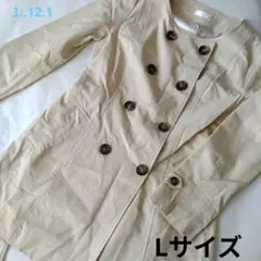 【レディース】Lサイズ　薄い黄色ぽいベージュ系色合いノーカラーコート