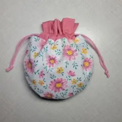ハンドメイド　まんまる巾着袋　ミニ巾着袋 『577』ピンク花柄小物入れミニポーチ