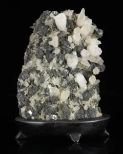 国産 白水晶クラスター 黄鉄鉱共生 青色虹彩 鑑賞石 原石 台座付 2166g