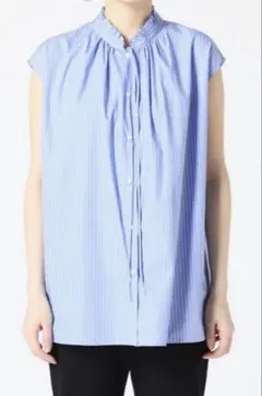 美品☆ イエナ ストライプフリルノースリーブブラウス 青 × 白 