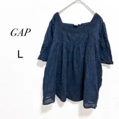 【GAP】綿100% ドット柄レースブラウス 半袖 黒 L 大人可愛い 華やか