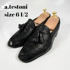 a.testoni アテストーニ　タッセルローファー パンチングレザー　革靴　黒のサムネイル