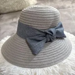 ✨リボンハット　グレー　デニム風リボン　折り畳み軽量