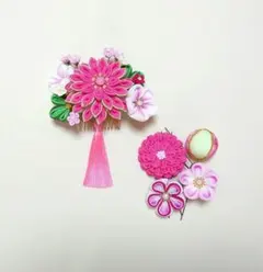 つまみ細工　髪飾り　ピンク系コーム　Uピン